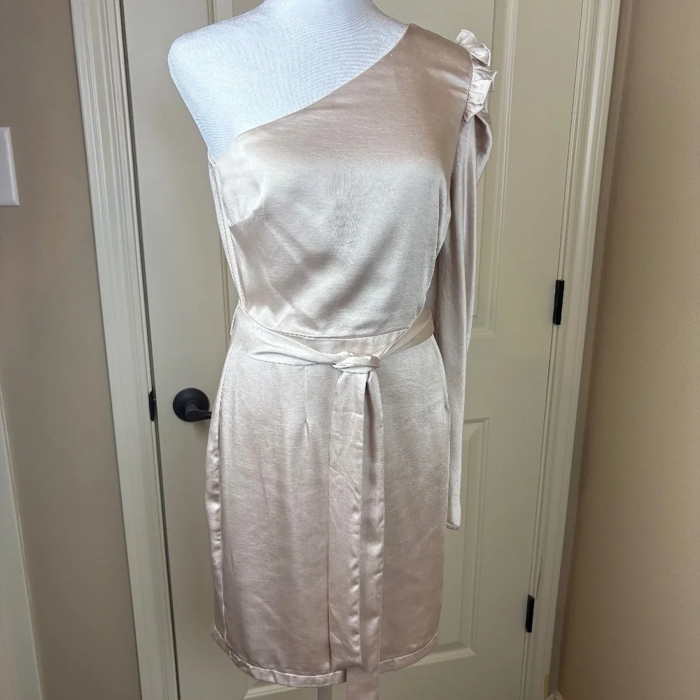 NWT Aakaa Champagne One Shoulder Lined Mini Dress w/ Ruffle Accent and Tie Belt - Picture 1 of 16